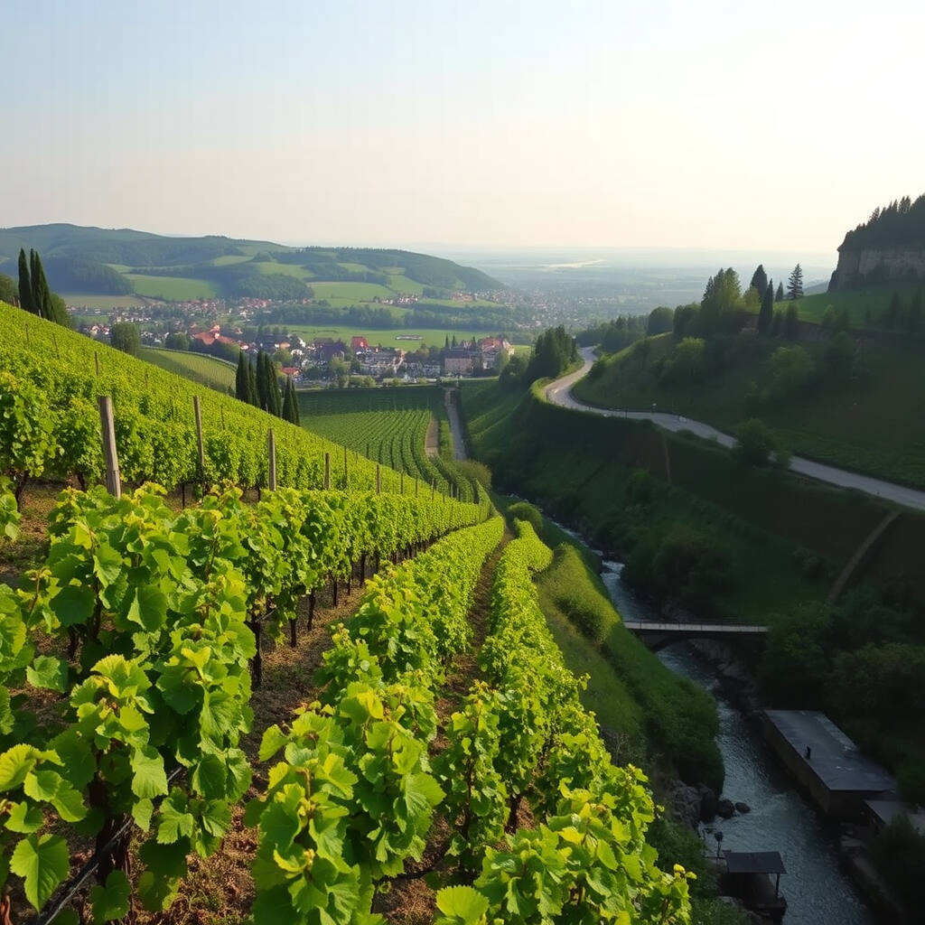Green vineyard rows on a hillside above a river